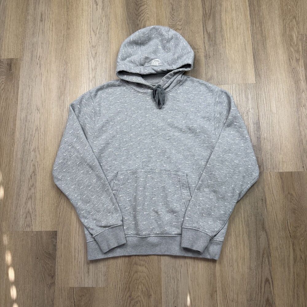 Nike Hoodie Mens Medium Gray Swoosh Print Fleece Pullover Kangaroo Pocket